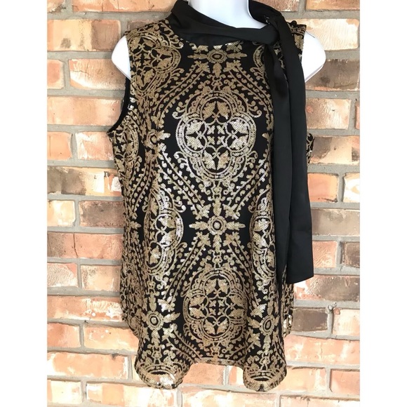 Eva Mendes Women’s Black & Gold Sequin Sleeveless Top Bow Detail Size Medium - Picture 4 of 5